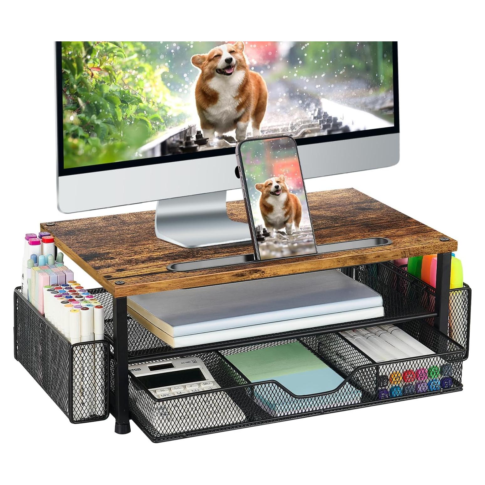 Soporte para Monitor de Escritorio AUPSEN 2 Niveles con Cajón Marrón