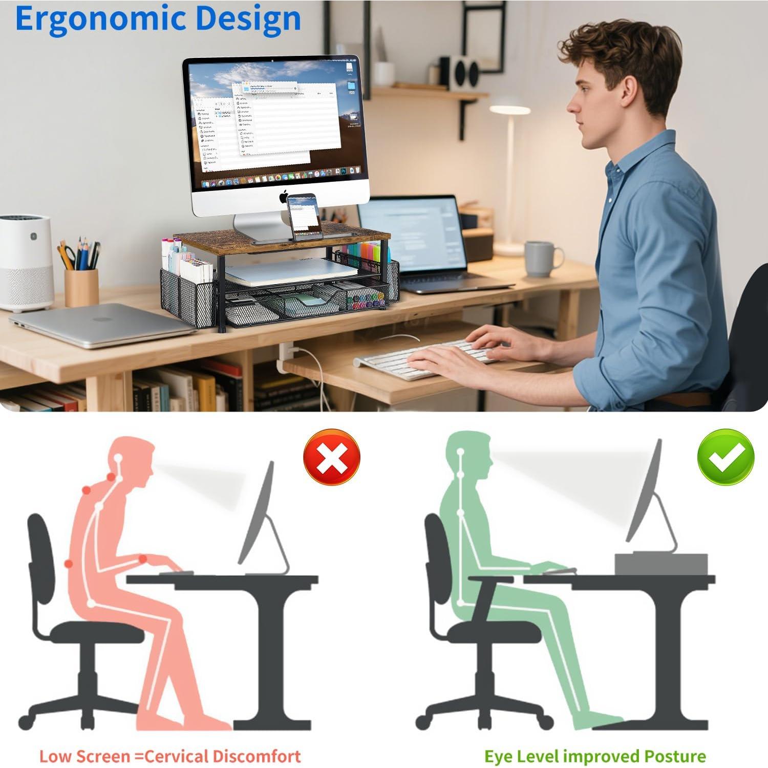 Soporte para Monitor de Escritorio AUPSEN 2 Niveles con Cajón Marrón