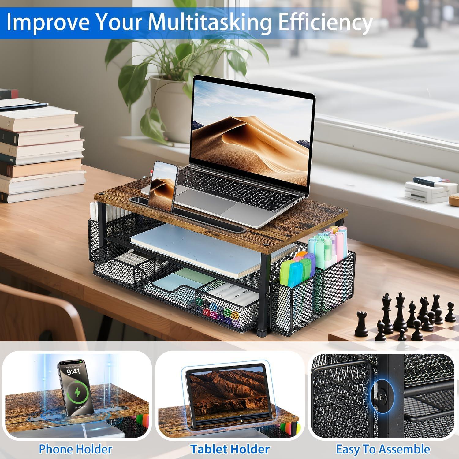 Soporte para Monitor de Escritorio AUPSEN 2 Niveles con Cajón Marrón