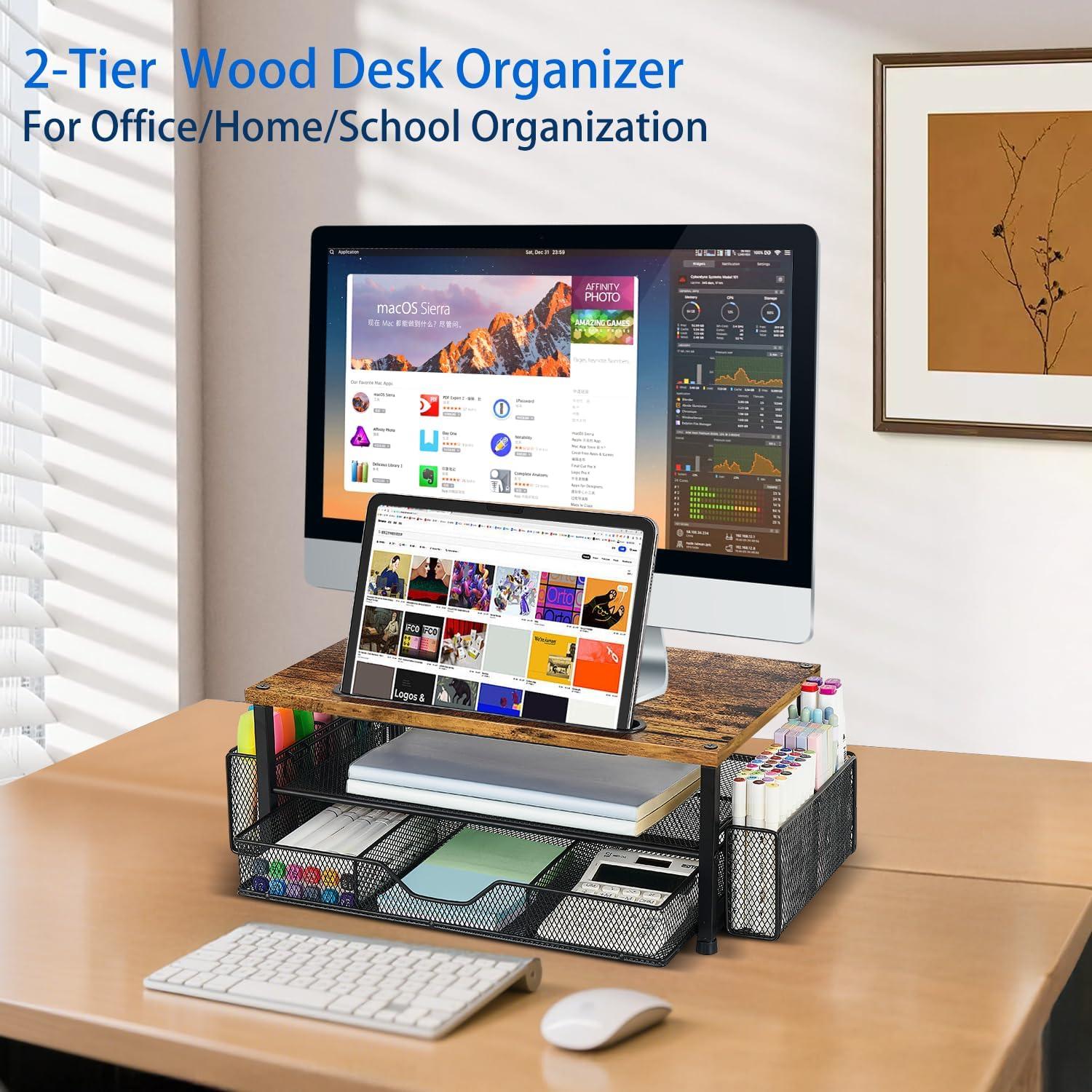 Soporte para Monitor de Escritorio AUPSEN 2 Niveles con Cajón Marrón