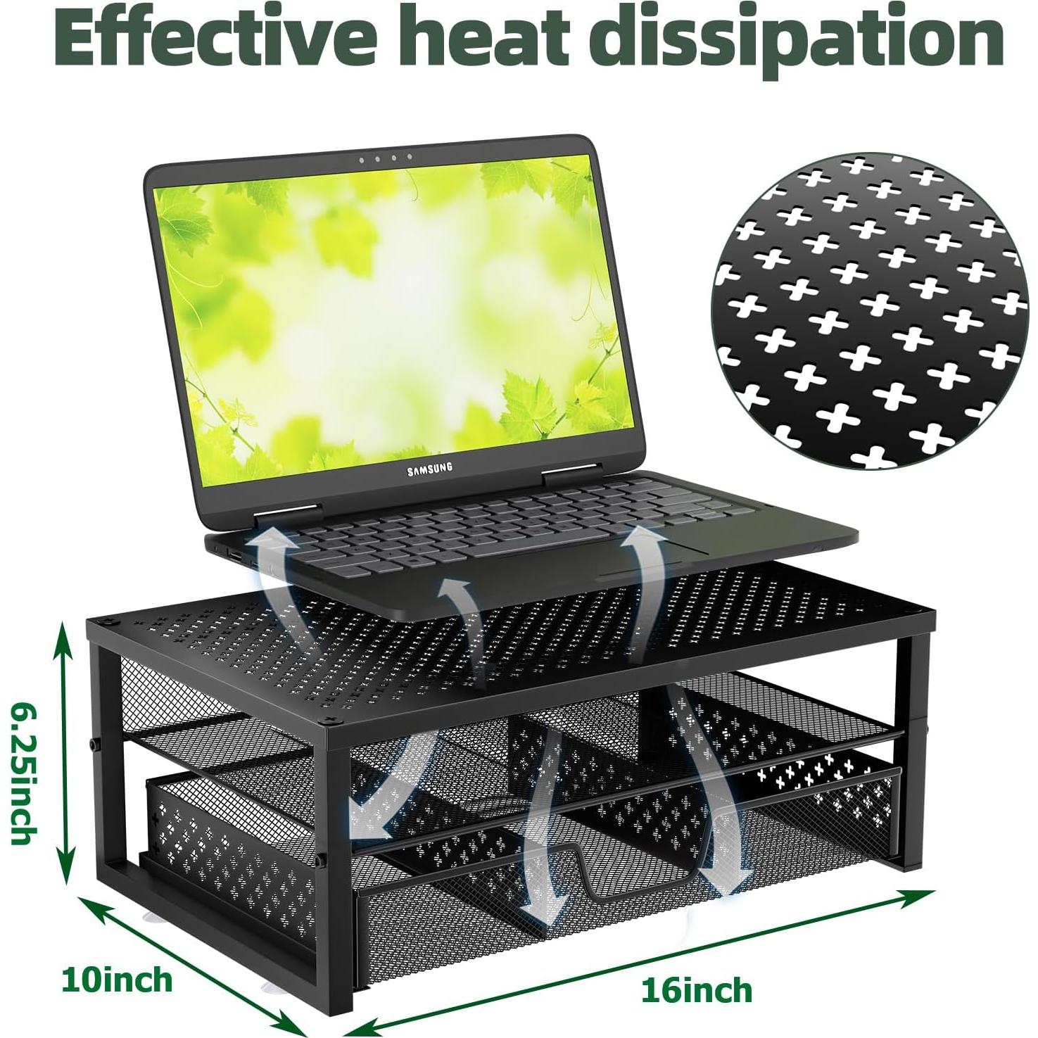 Soporte Elevador de Monitor de Metal Negro con Cajón Organizador