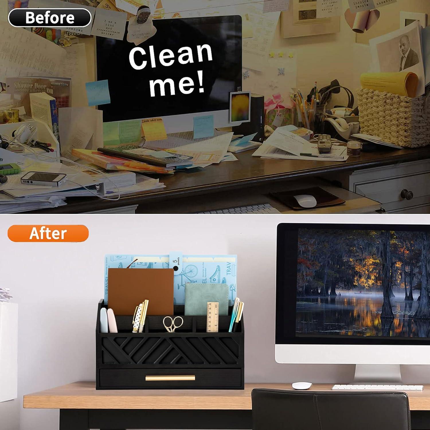 Organizador de Escritorio de Madera Negra Dreampossible con Cajón