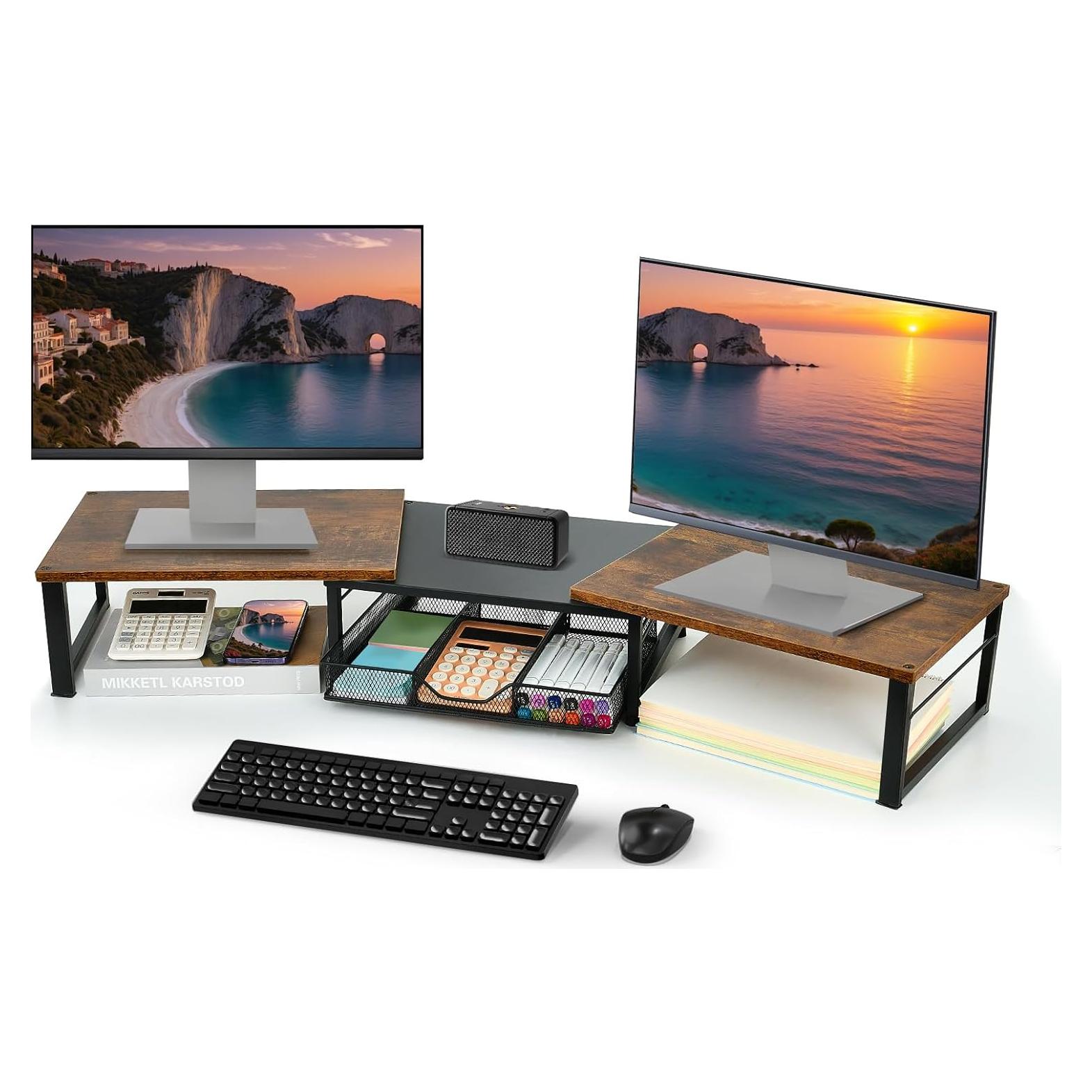 Soporte Doble para Monitor OPNICE con Cajón Madera Marrón