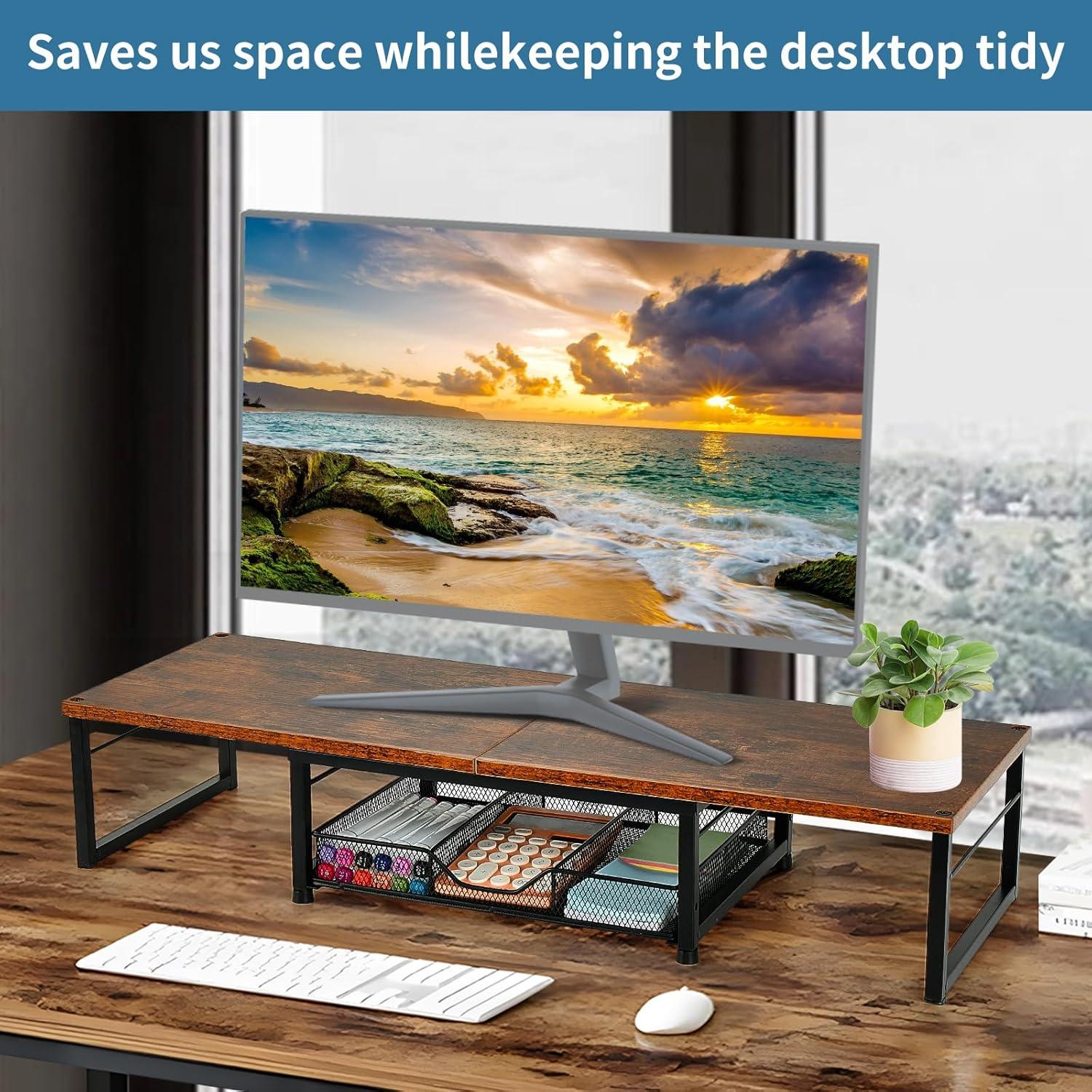 Soporte Doble para Monitor OPNICE con Cajón Madera Marrón