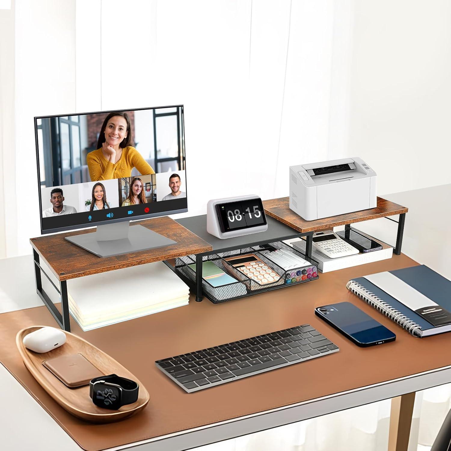 Soporte Doble para Monitor OPNICE con Cajón Madera Marrón