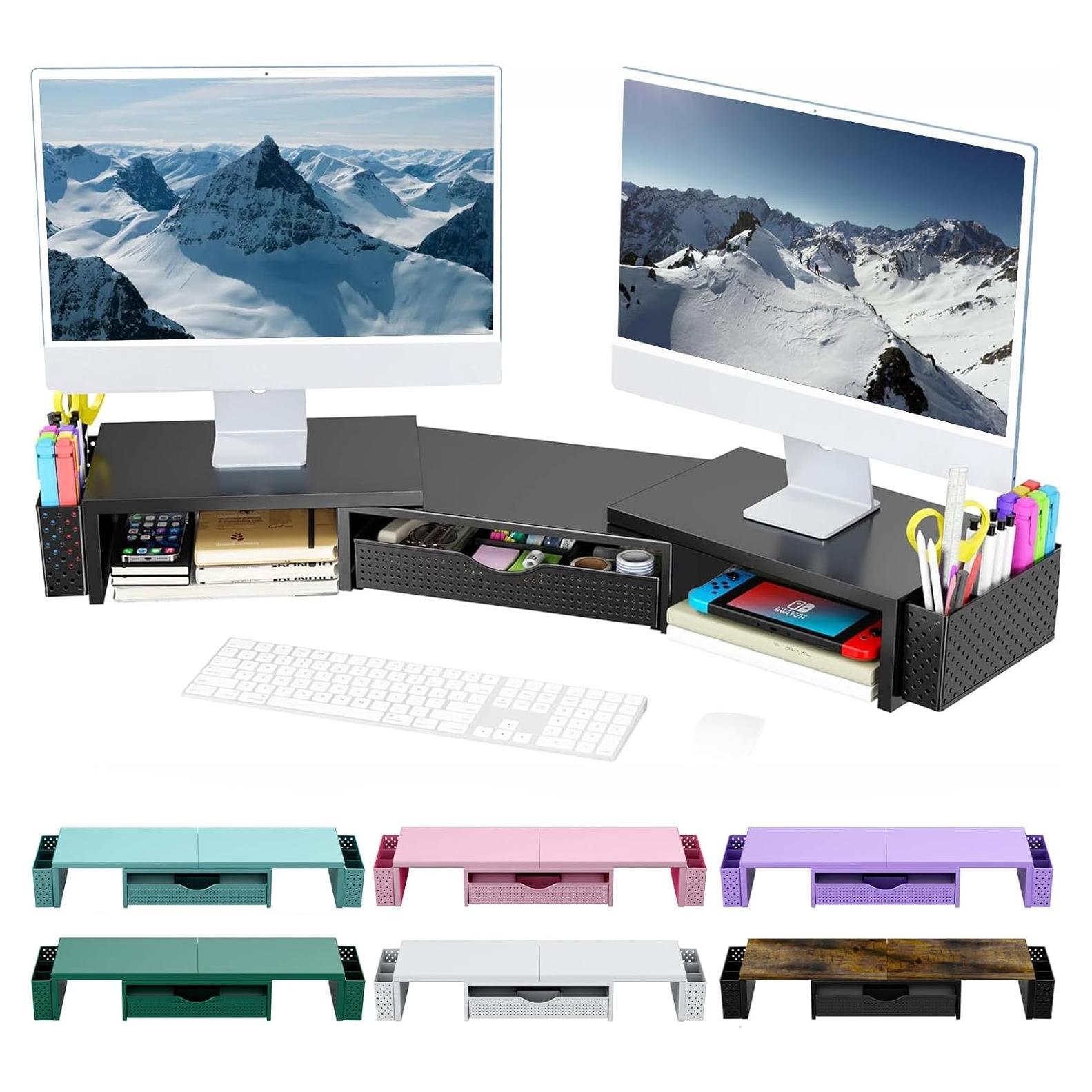 Elevador Doble Monitor Spacrea con Cajón y Sujetapapeles Negro