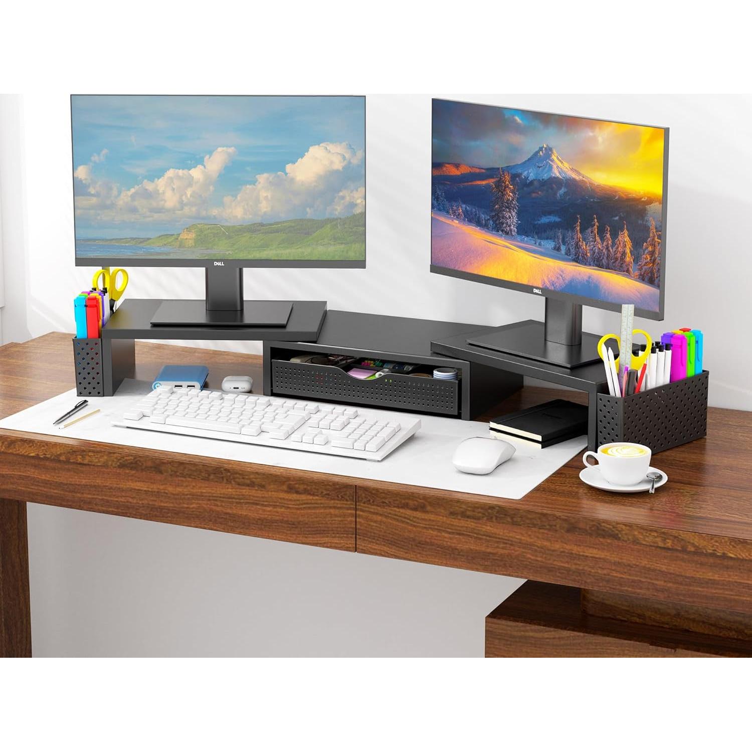 Elevador Doble Monitor Spacrea con Cajón y Sujetapapeles Negro