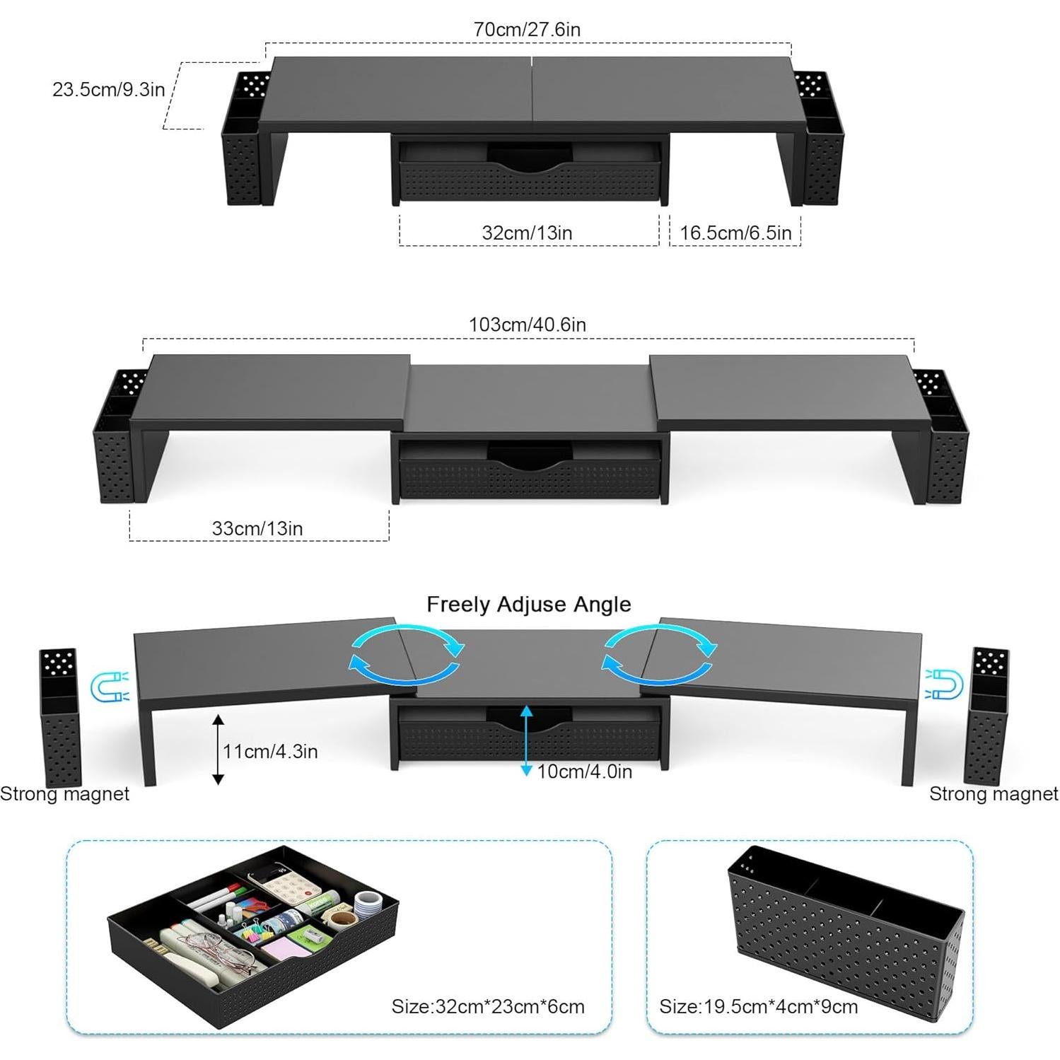 Elevador Doble Monitor Spacrea con Cajón y Sujetapapeles Negro