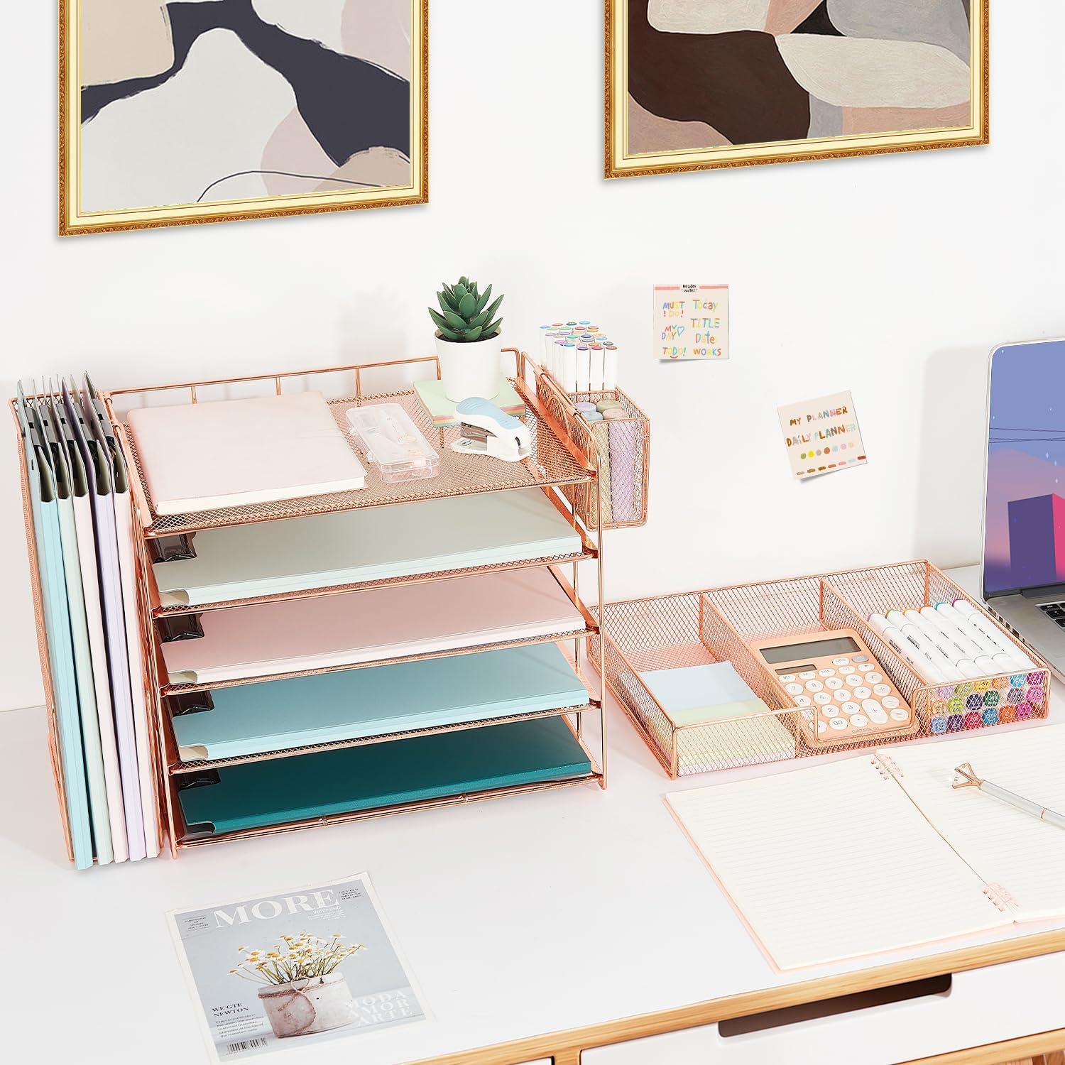 Organizador de Escritorio Youbetia 5 Bandejas Metal Oro Rosa