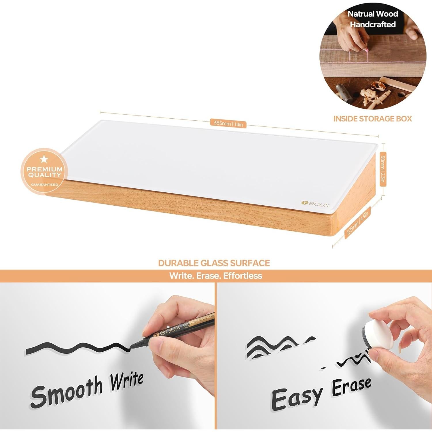 Pizarra Blanca de Vidrio YEOUX con Organizador de Madera 35.5cm