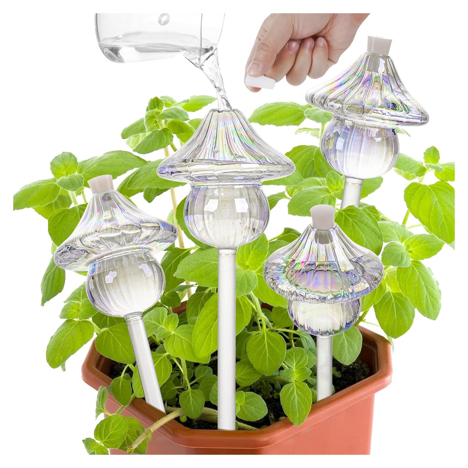 Plant Watering Globes Mushroom, Iridescent Patterned Glass Watering Bulbs, Self Watering Planter Insert, Self Watering Globes - Plant Watering Devices for Travel, Vacation (4 PCS)