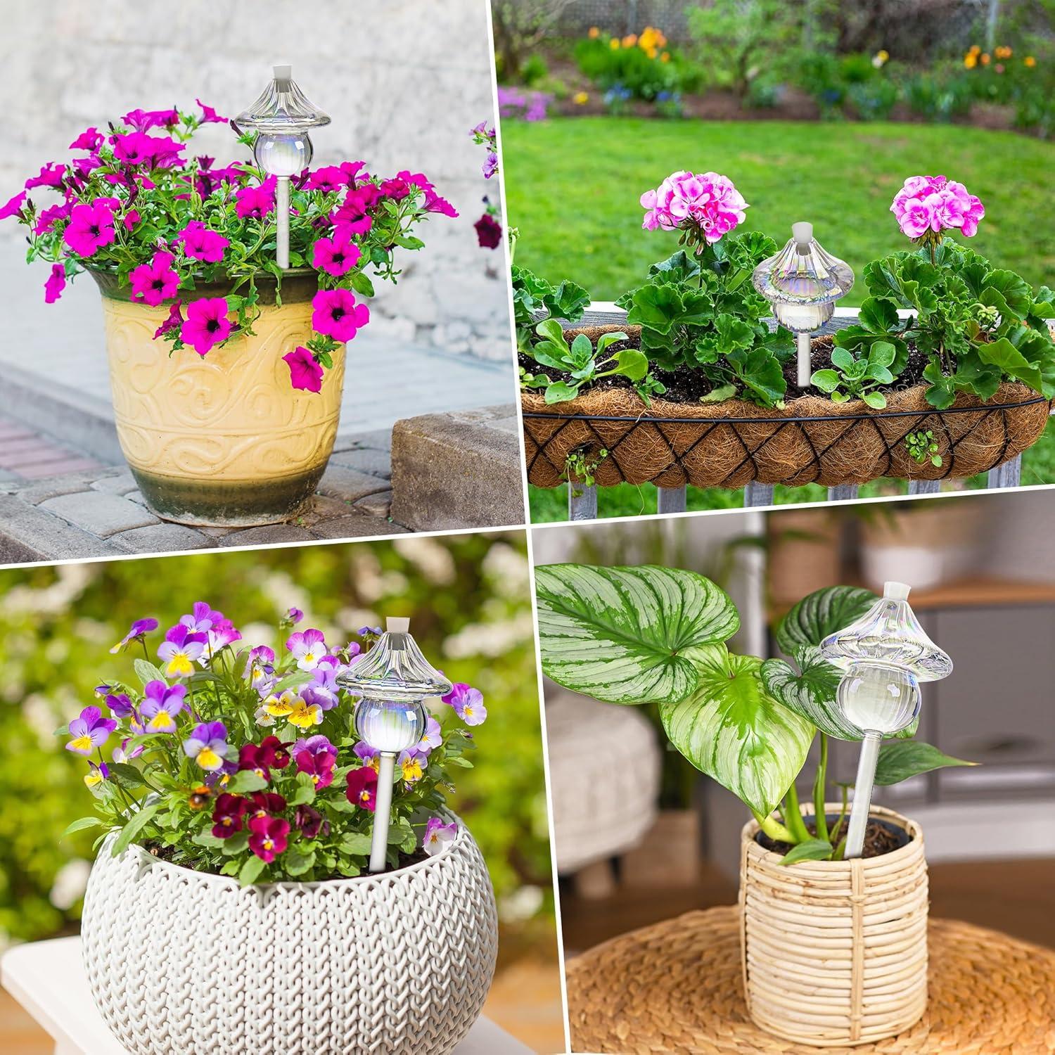 Plant Watering Globes Mushroom, Iridescent Patterned Glass Watering Bulbs, Self Watering Planter Insert, Self Watering Globes - Plant Watering Devices for Travel, Vacation (4 PCS)