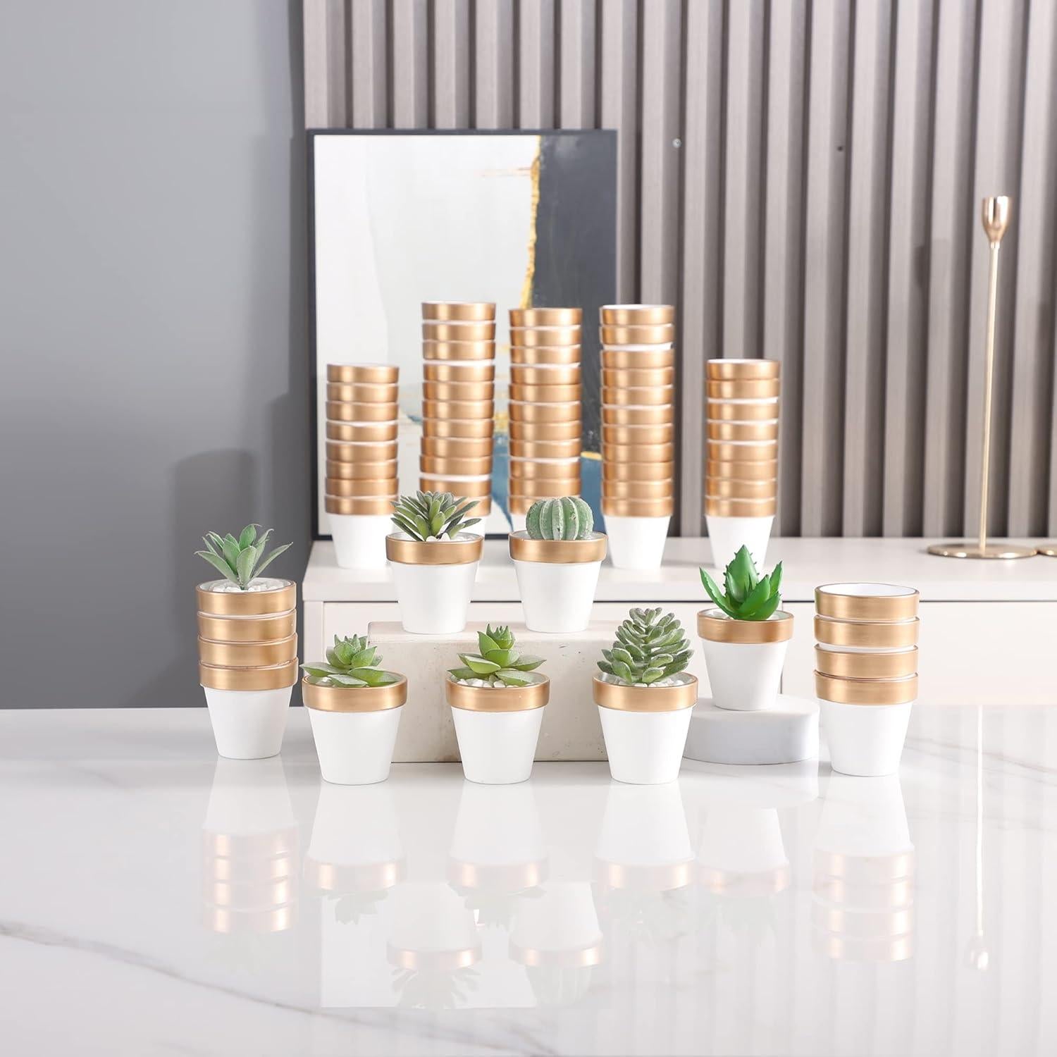 Yishang 72 Macetas Mini de Terracota Blancas y Doradas 6.35 cm