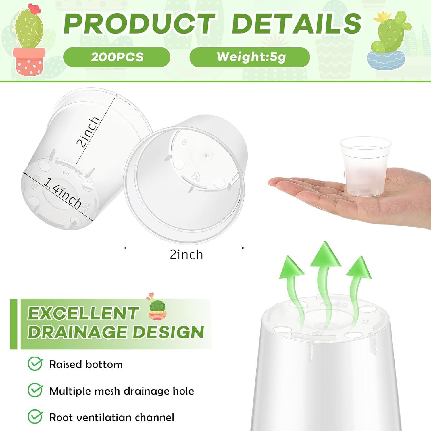 Macetas de Plástico Transparentes 5 cm Yaomiao - 200 Pcs con Drenaje