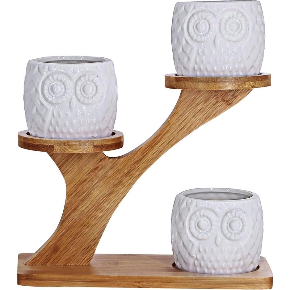Juego de 3 Macetas de Cerámica con Soporte de Bambú 20x11x16cm
