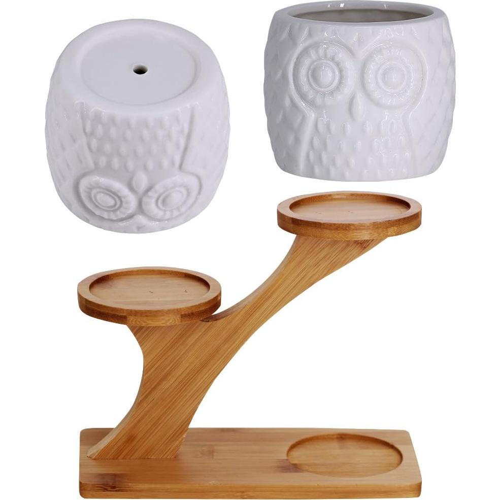 Juego de 3 Macetas de Cerámica con Soporte de Bambú 20x11x16cm