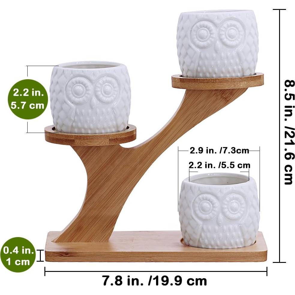 Juego de 3 Macetas de Cerámica con Soporte de Bambú 20x11x16cm