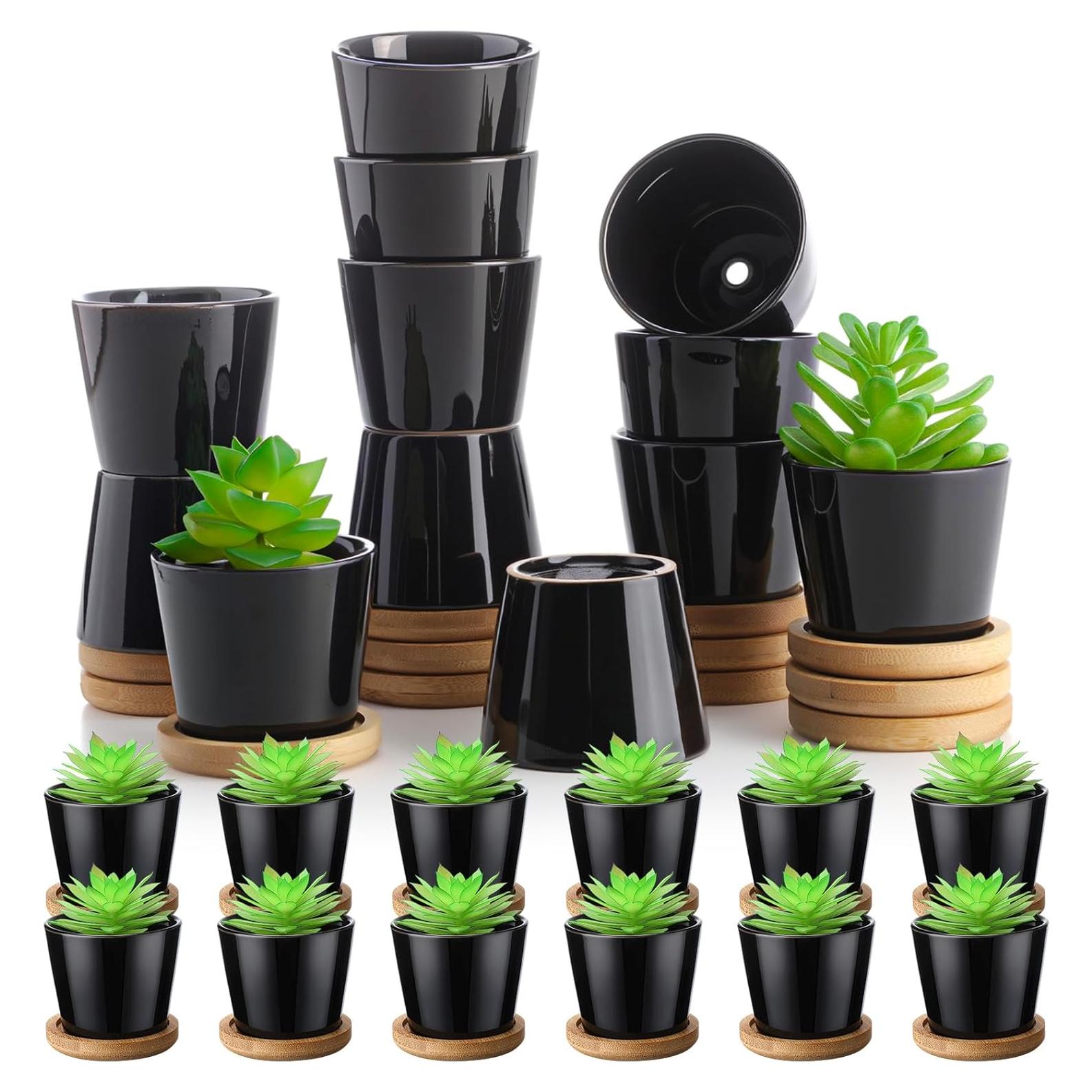 Hsei Paquete de 24 Macetas Mini Cerámica 6.4 cm con Bandeja