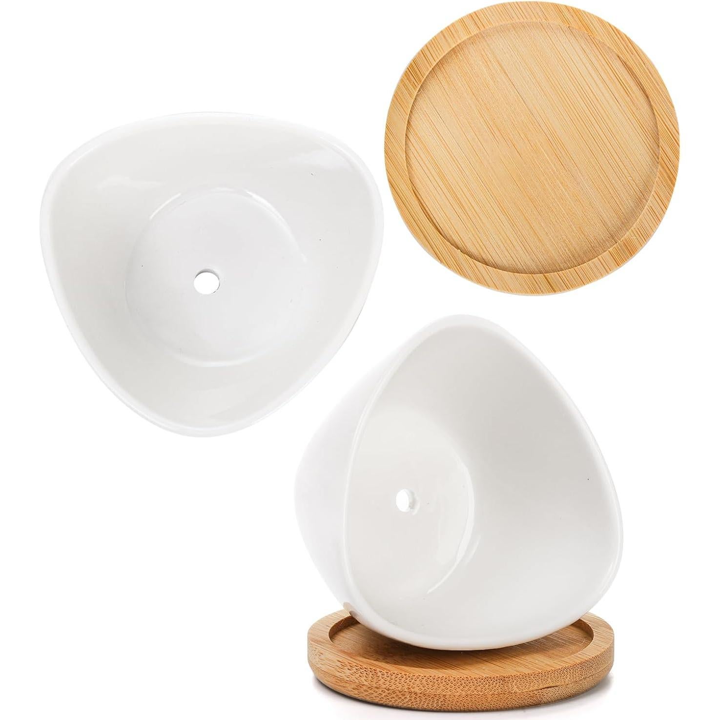 Foraineam 12 Mini Macetas Cerámica Blancas con Bandeja Bambú