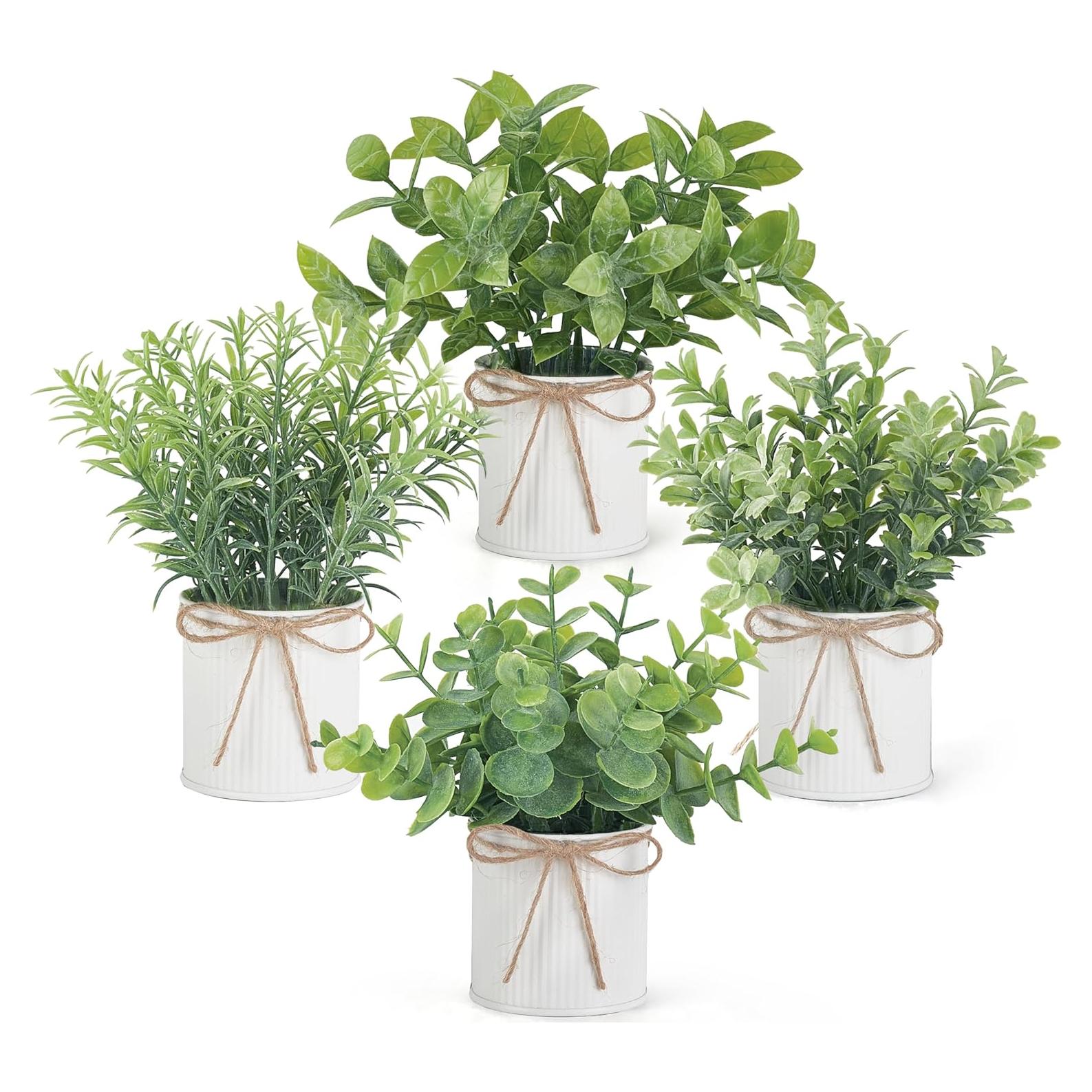 Mkono 4 Plantas Artificiales Eucalipto en Macetas Galvanizadas