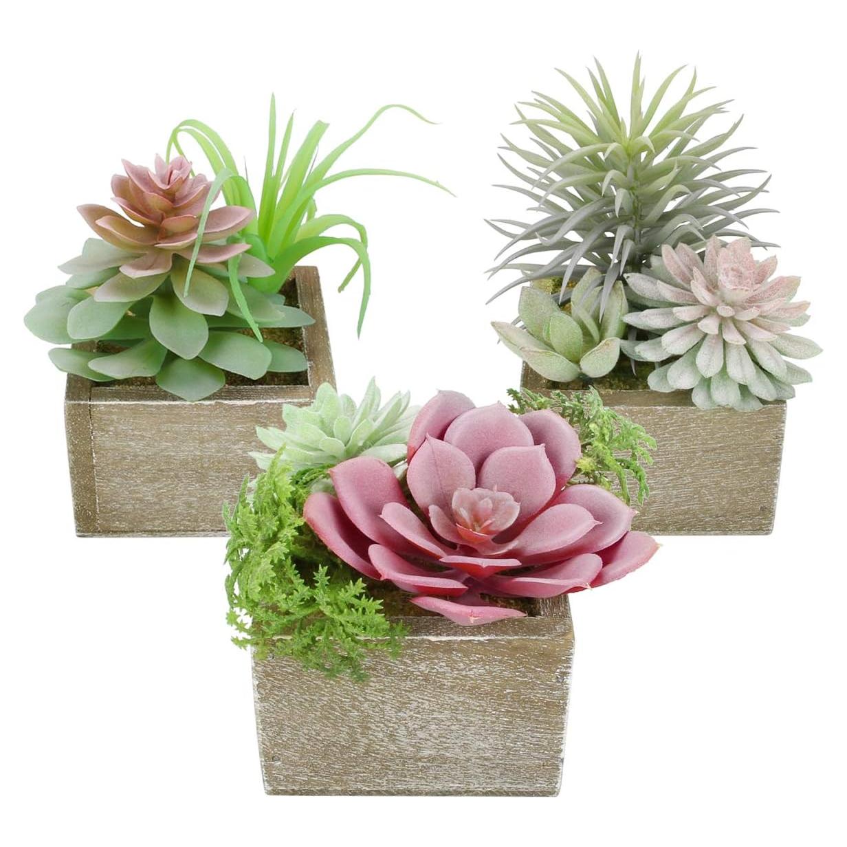 Plantas Suculentas Artificiales Mingfuxin en Macetas de Madera - Juego de 3