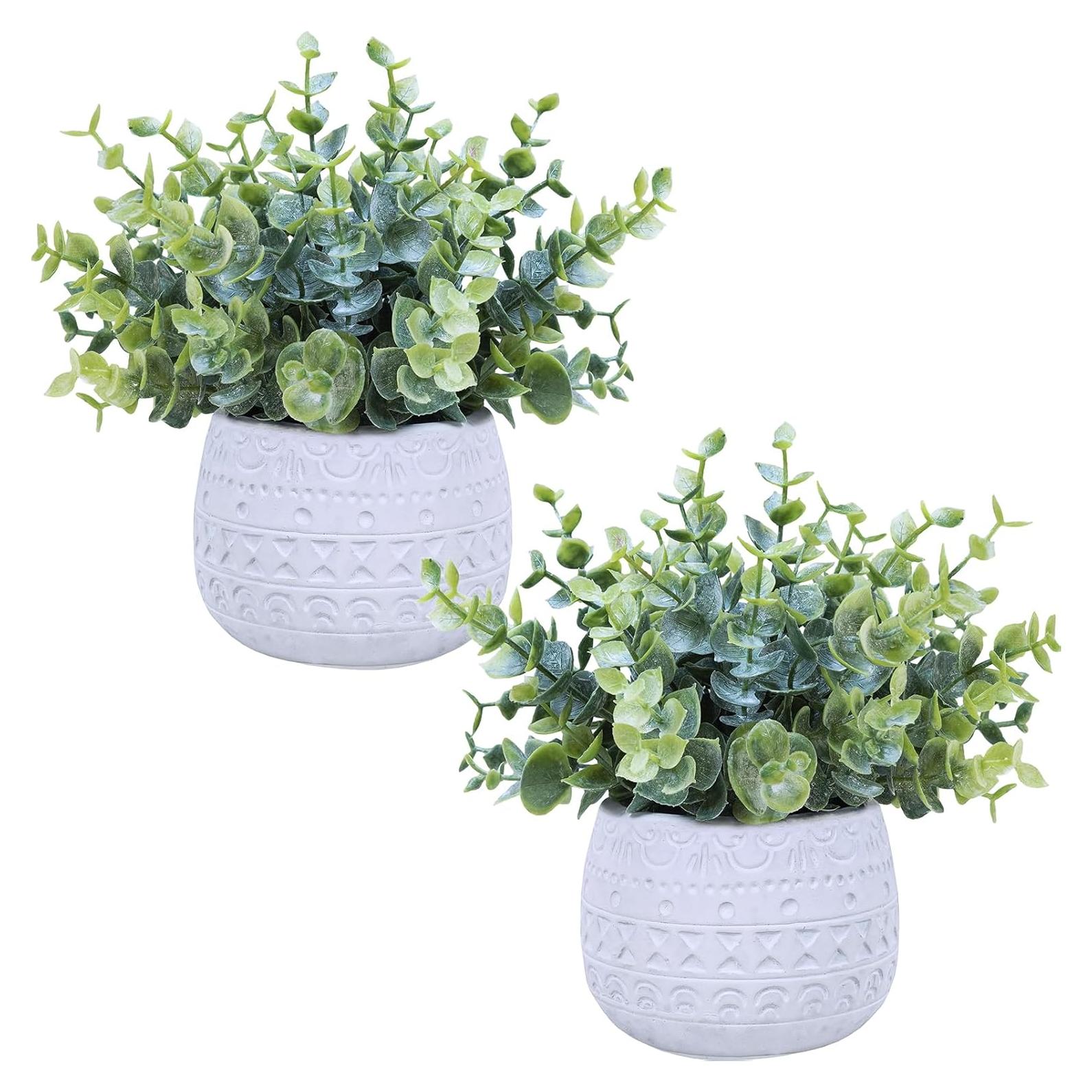 Winlyn Juego de 2 Plantas Artificiales Eucalipto en Macetas Blancas