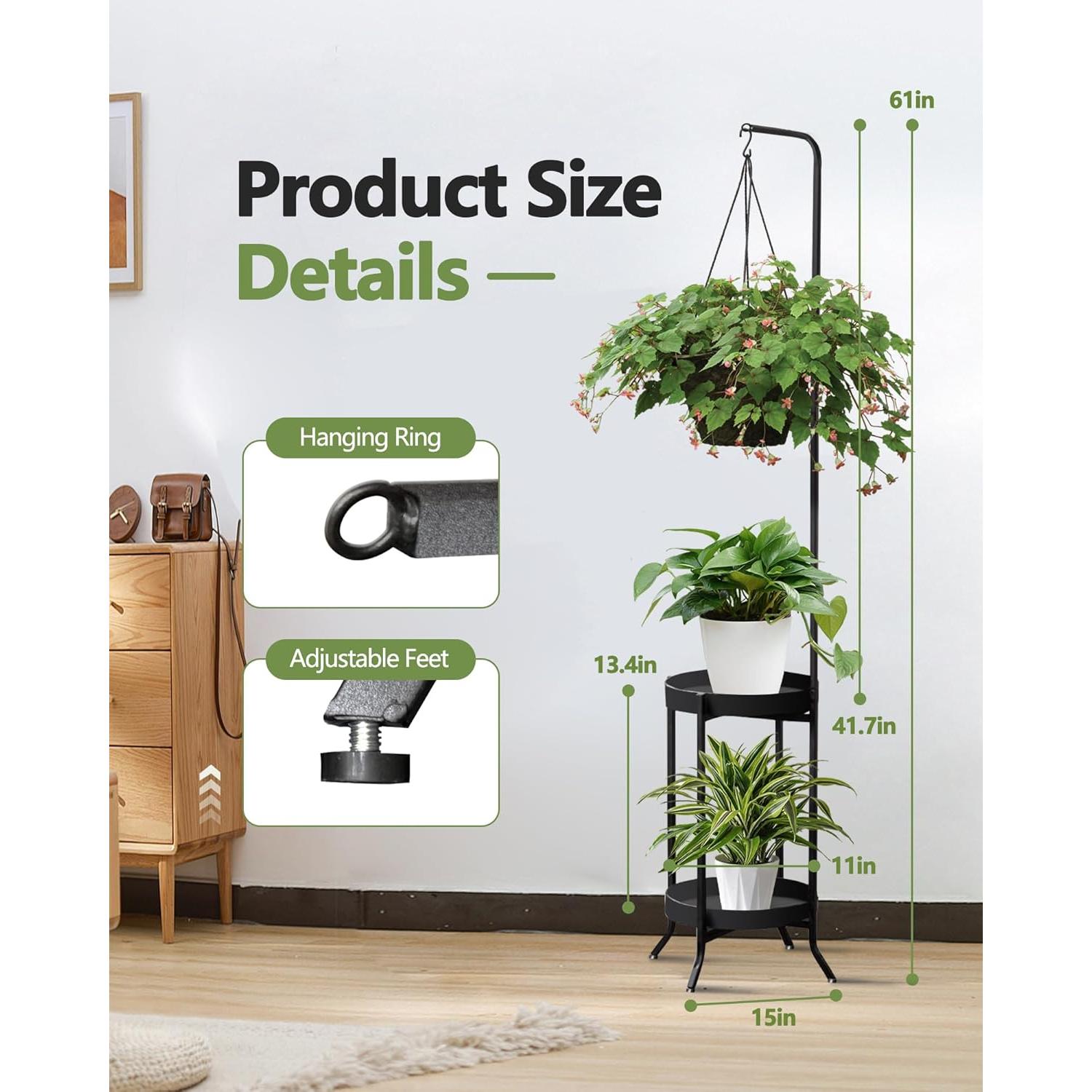 Soporte de Planta Colgante RINBOU 2 Niveles 155 cm Negro