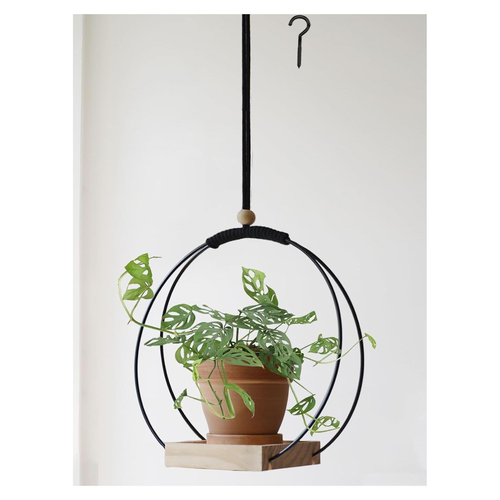 Soporte Colgante para Plantas Dravmola Negro con Base de Madera