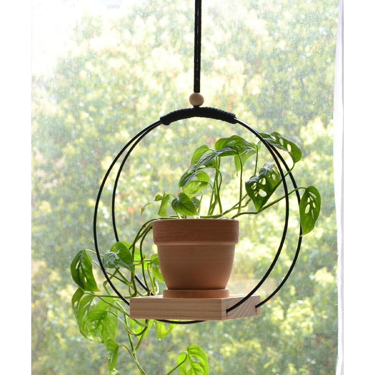 Soporte Colgante para Plantas Dravmola Negro con Base de Madera