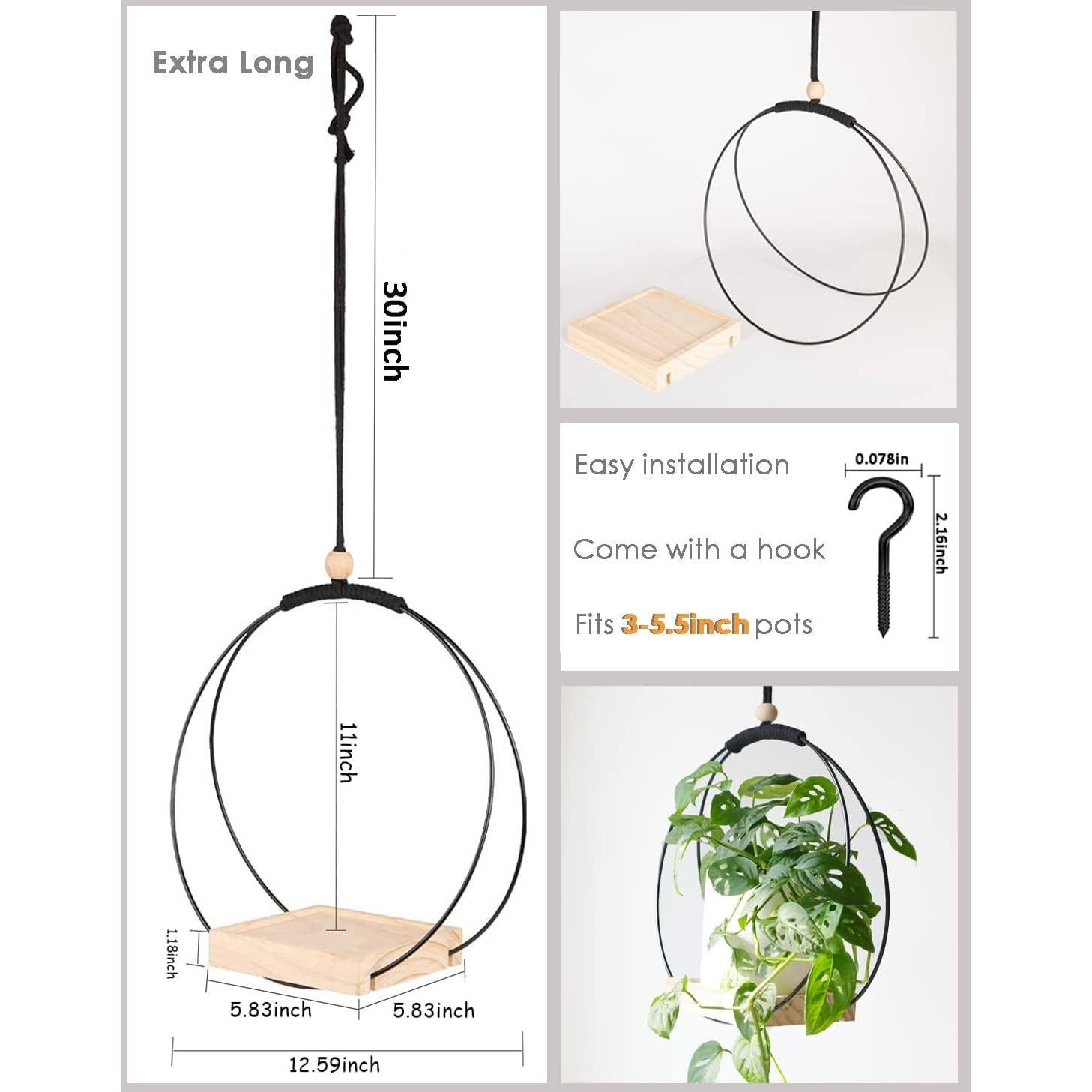 Soporte Colgante para Plantas Dravmola Negro con Base de Madera