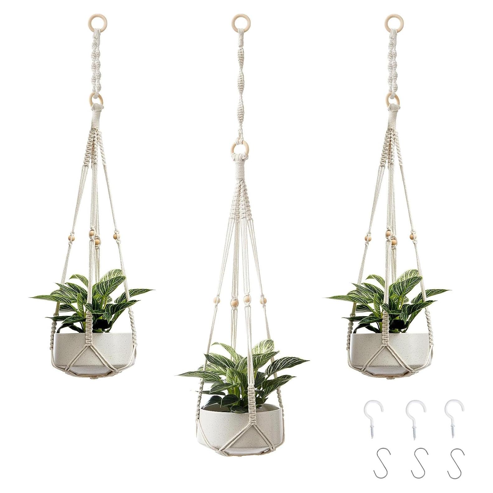 Soporte de Plantas de Macramé CADNLY Blanco - 3 Paquete con Ganchos