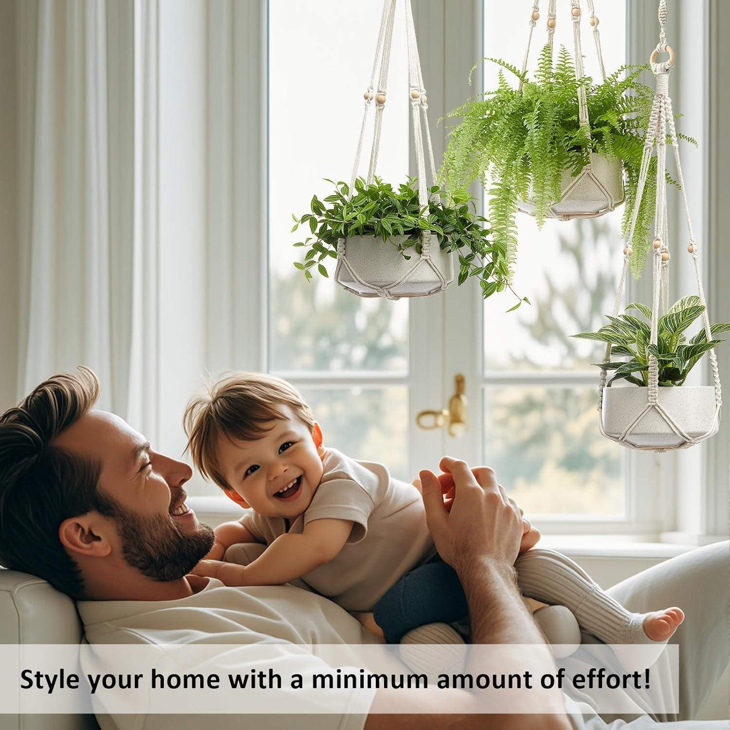 Soporte de Plantas de Macramé CADNLY Blanco - 3 Paquete con Ganchos