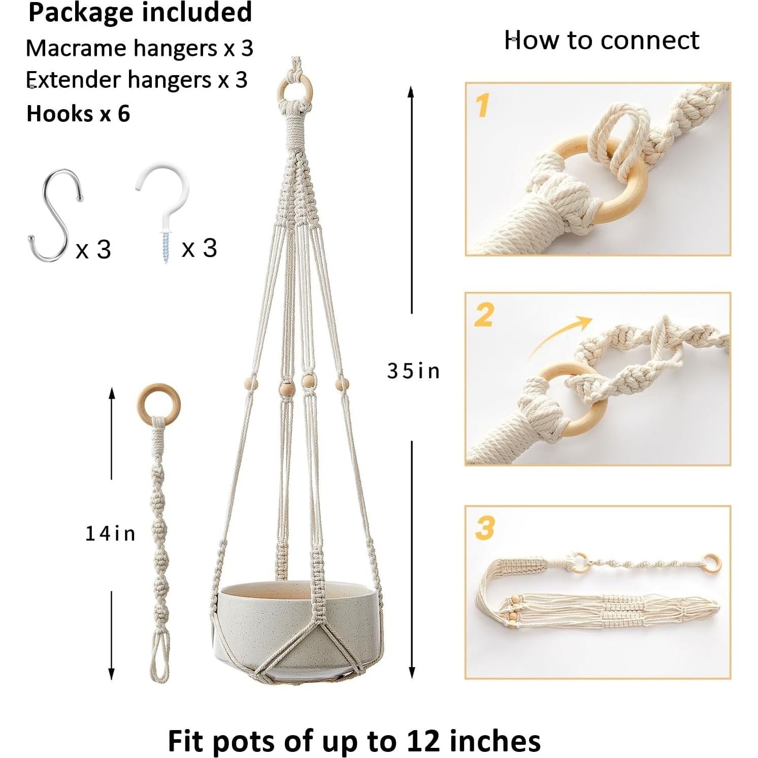 Soporte de Plantas de Macramé CADNLY Blanco - 3 Paquete con Ganchos