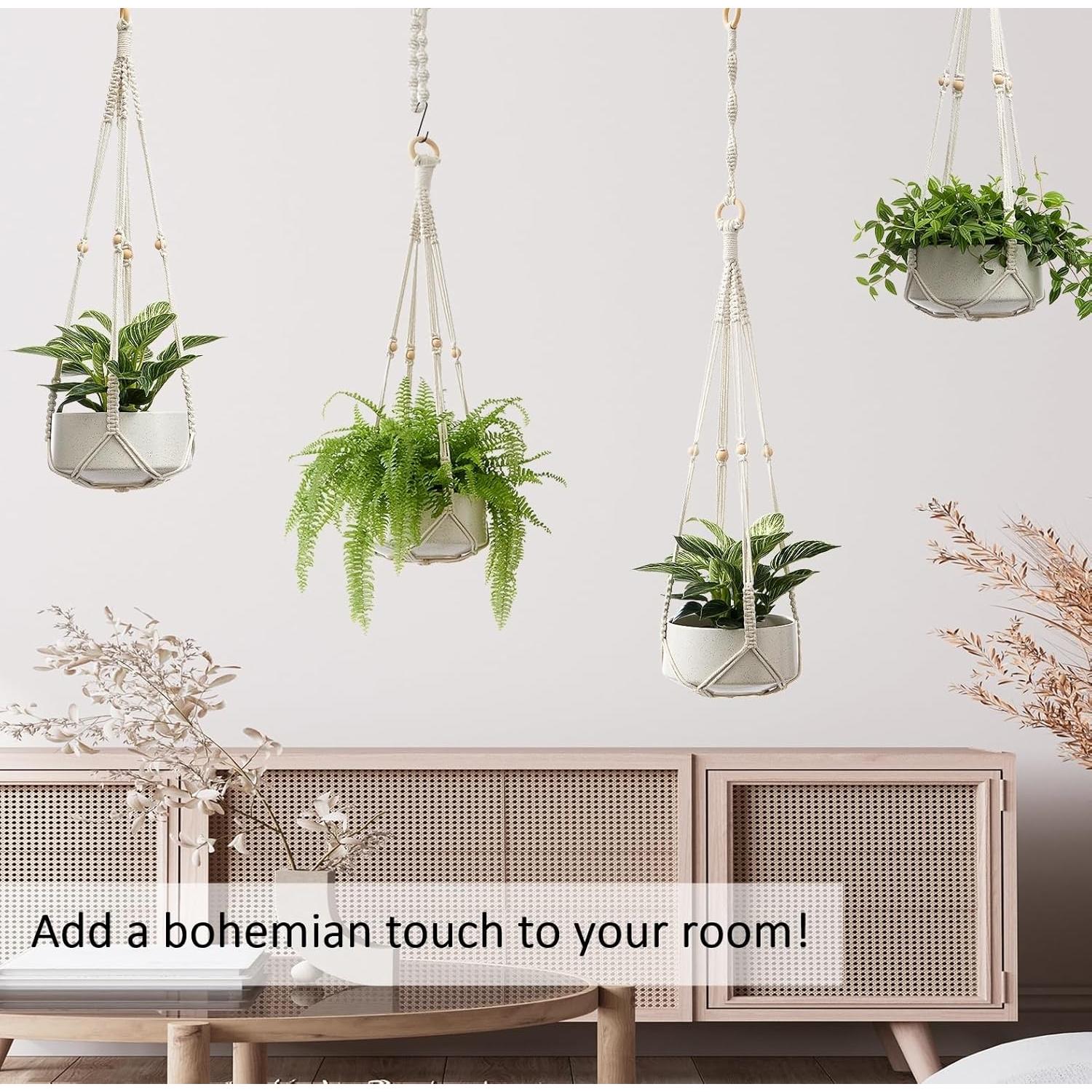 Soporte de Plantas de Macramé CADNLY Blanco - 3 Paquete con Ganchos