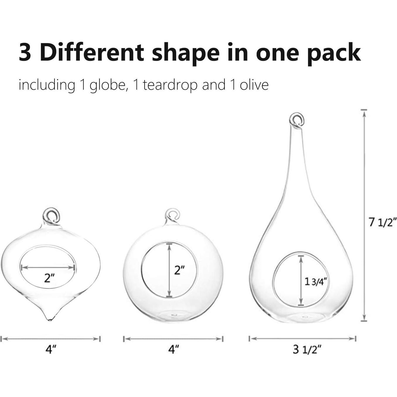 Mkono 3 Terrarios Colgantes de Vidrio para Plantas - Oliva, Globo, Gota