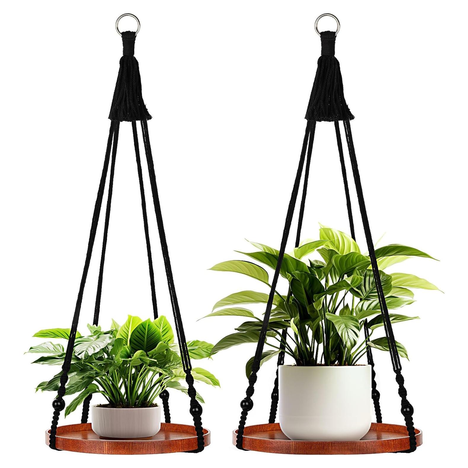 Soporte de Macramé E-KNOW para Plantas - 2 Estantes de Madera