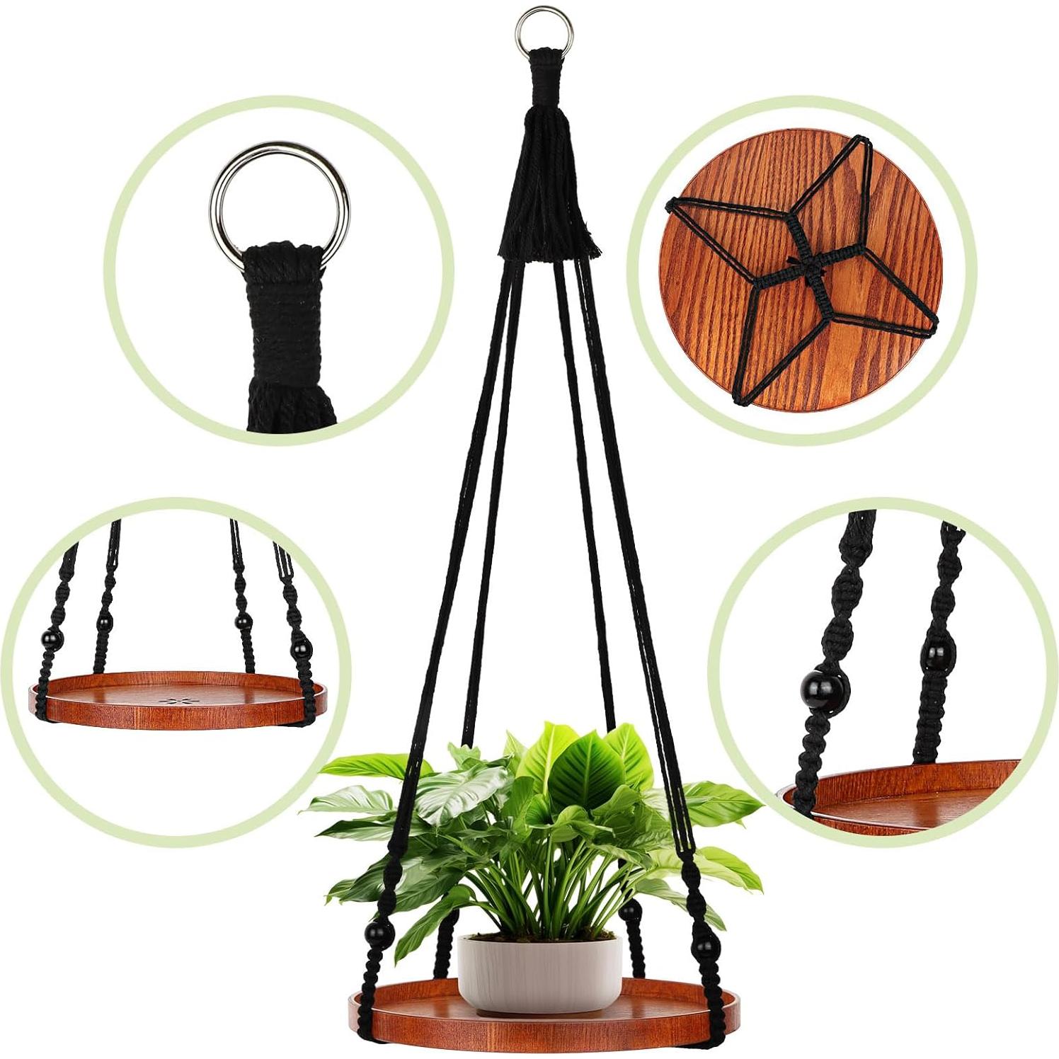 Soporte de Macramé E-KNOW para Plantas - 2 Estantes de Madera