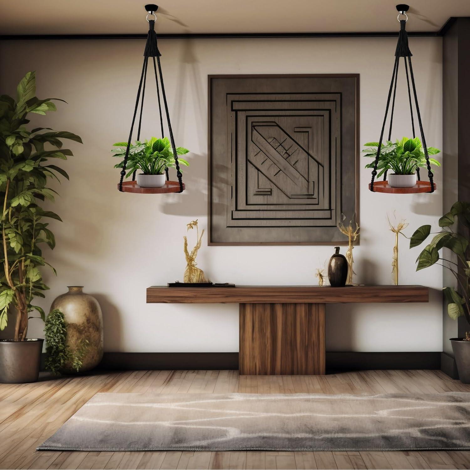 Soporte de Macramé E-KNOW para Plantas - 2 Estantes de Madera