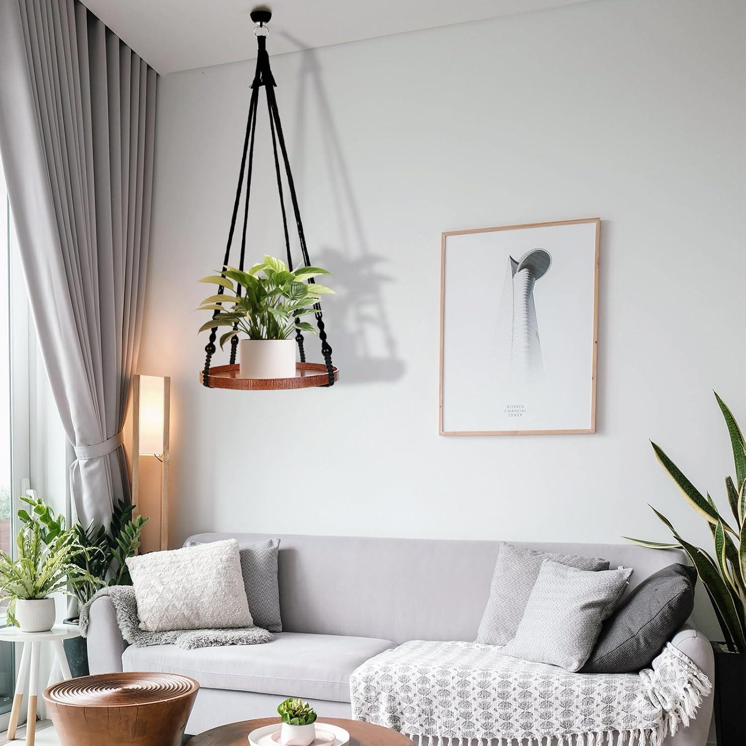 Soporte de Macramé E-KNOW para Plantas - 2 Estantes de Madera