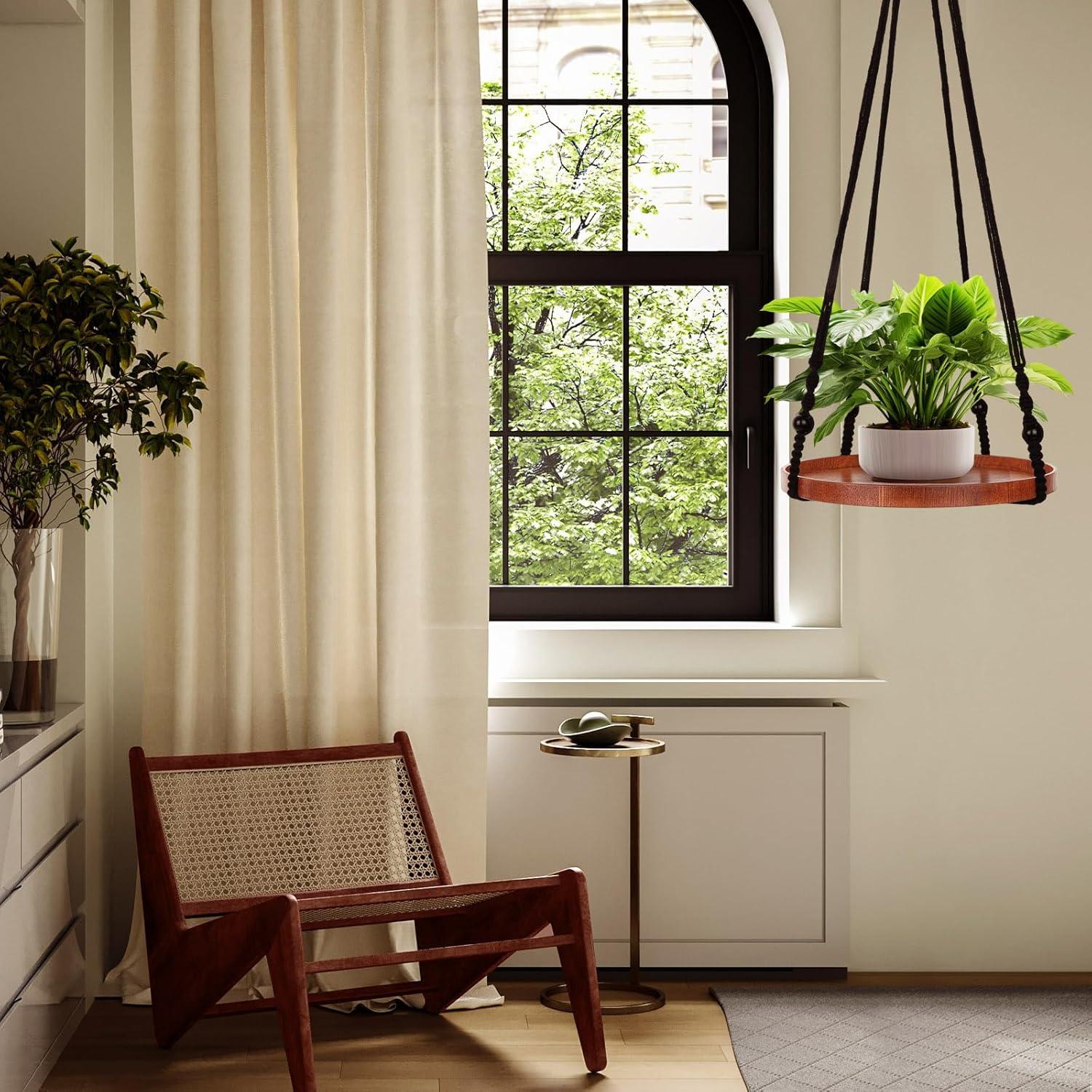 Soporte de Macramé E-KNOW para Plantas - 2 Estantes de Madera