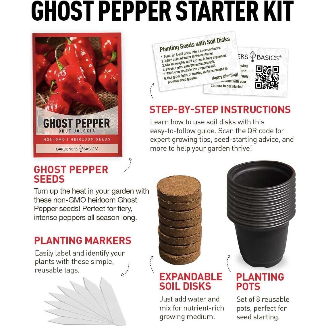 Kit de Cultivo de Semillas de Pimiento Fantasma Gardeners Basics - Incluye Macetas y Discos de Suelo