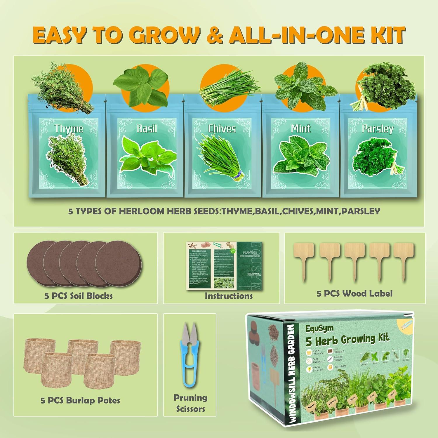 Kit de Jardín de 5 Hierbas Orgánicas EquSym - Albahaca, Menta, Tomillo