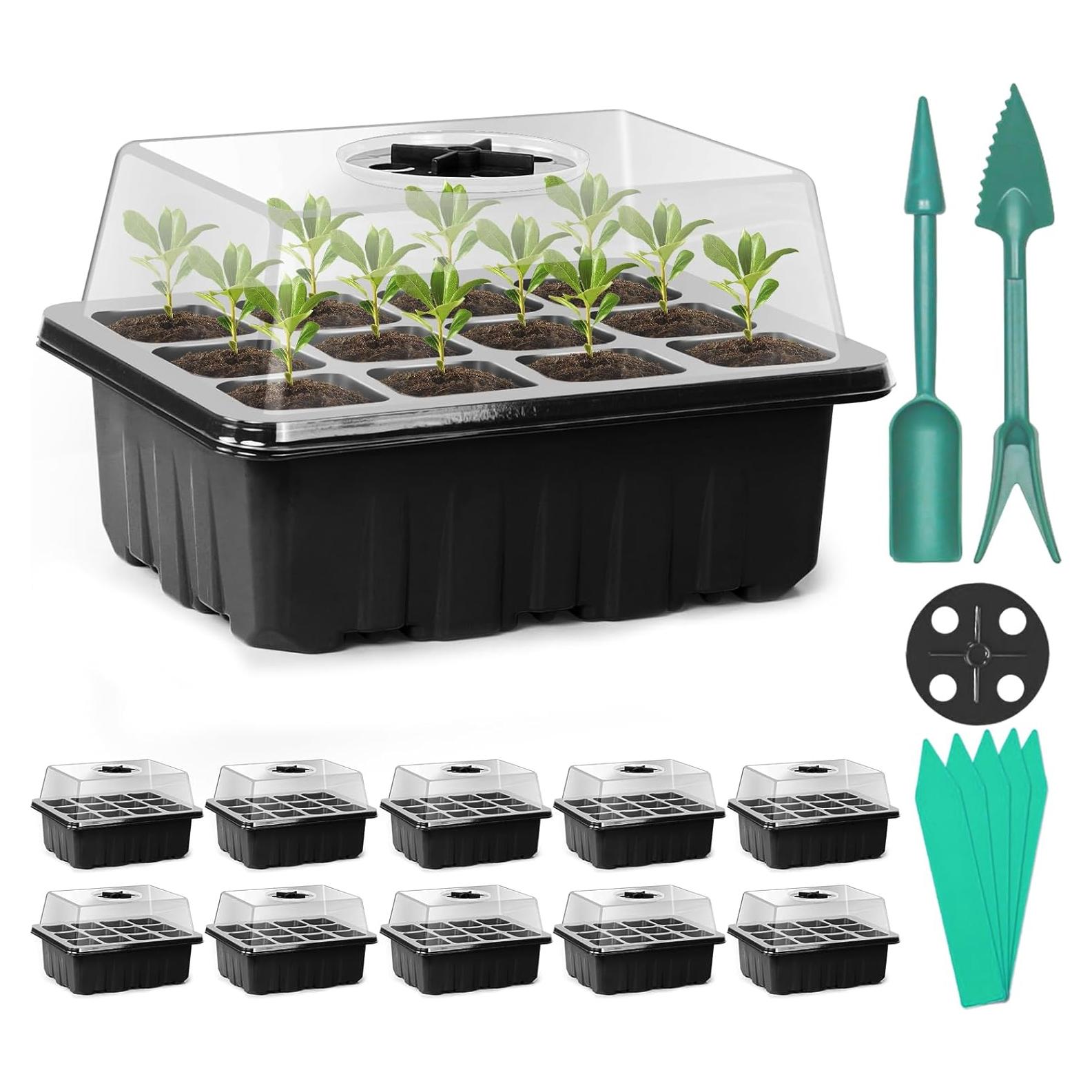 Sfee 10 Pack Seed Starter Tray Kit, 120 Cells Seedling Starter Trays with Humidity Dome and Base Greenhouse Growing Trays, Reusable Seedling Tray with Garden Tools Labels (Black)