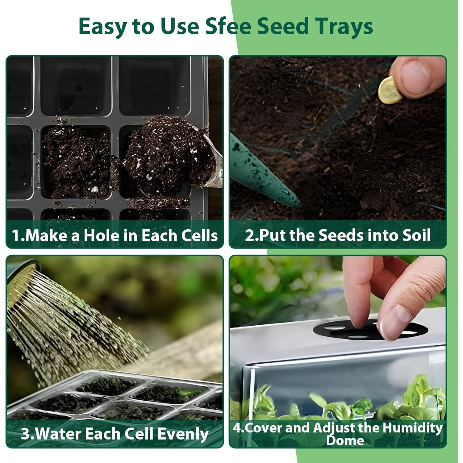 Sfee 10 Pack Seed Starter Tray Kit, 120 Cells Seedling Starter Trays with Humidity Dome and Base Greenhouse Growing Trays, Reusable Seedling Tray with Garden Tools Labels (Black)