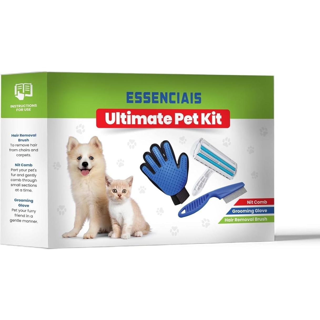 Kit de Aseo para Mascotas ESSENCIAIS - Cepillo, Peine y Guante