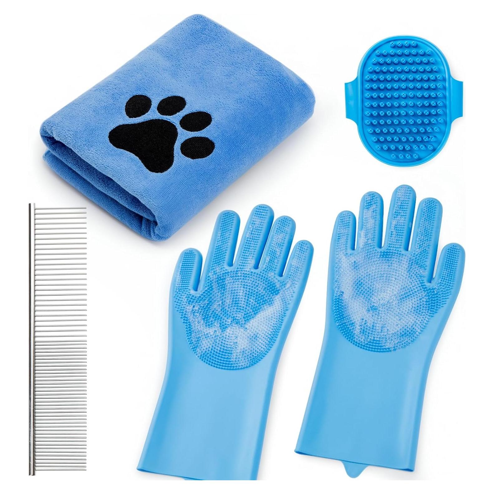Kit de Cuidado para Mascotas ElighMoo - Cepillo, Guantes, Peine y Toalla Azul