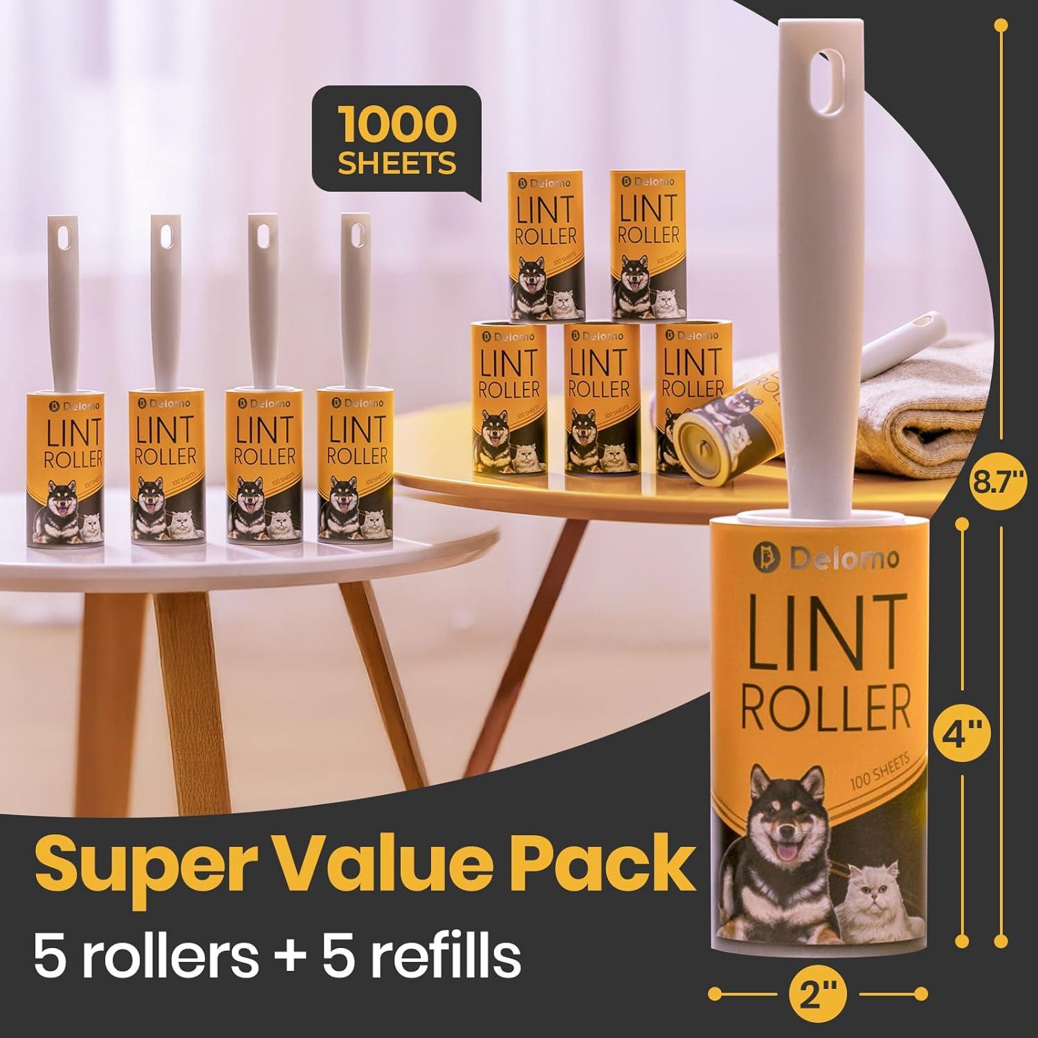 Rodillo Quitapelusas DELOMO - 5 Rodillos + 5 Recambios, 1000 Hojas