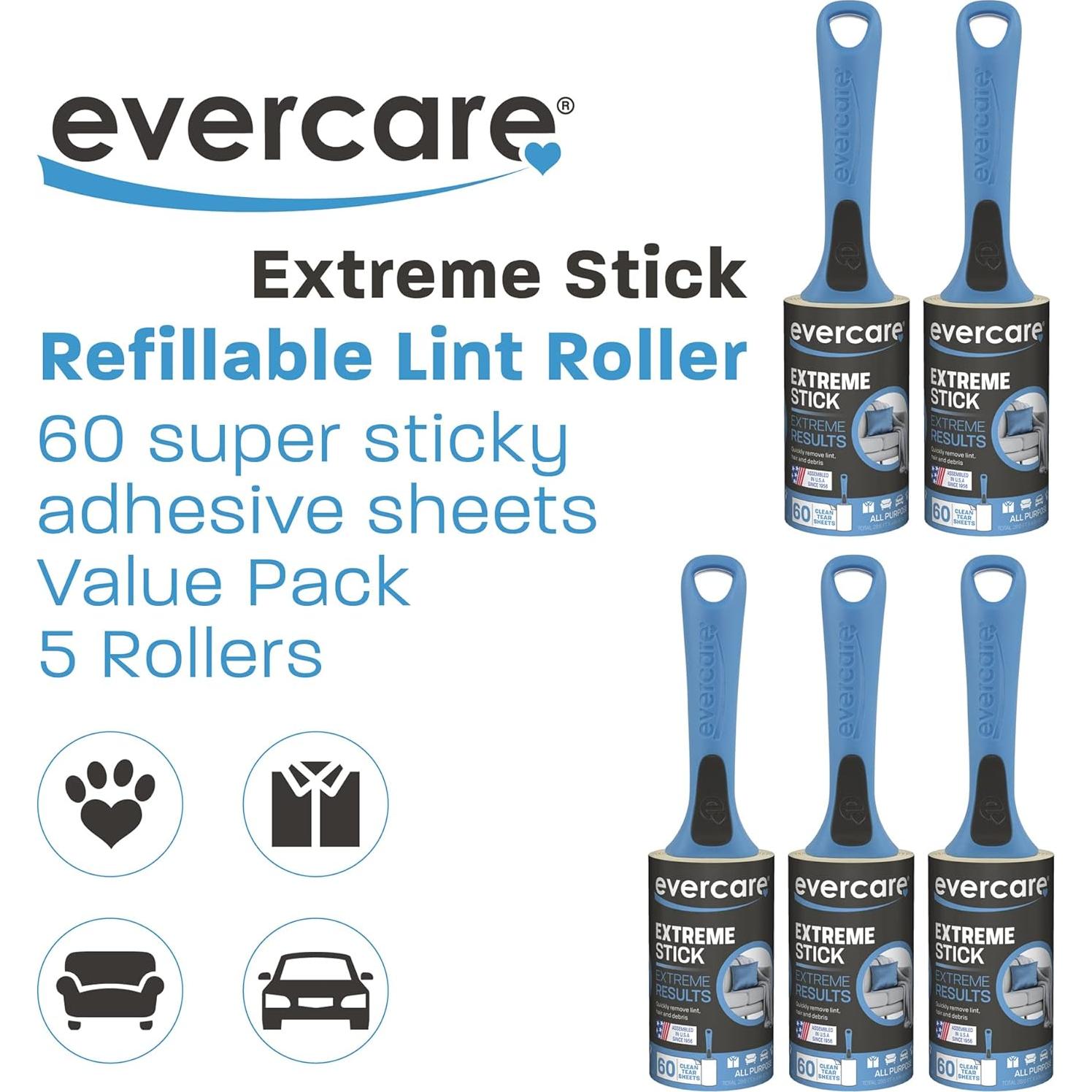 Rodillo Quitapelusas Multiusos Evercare - 5 Rodillos, 300 Hojas