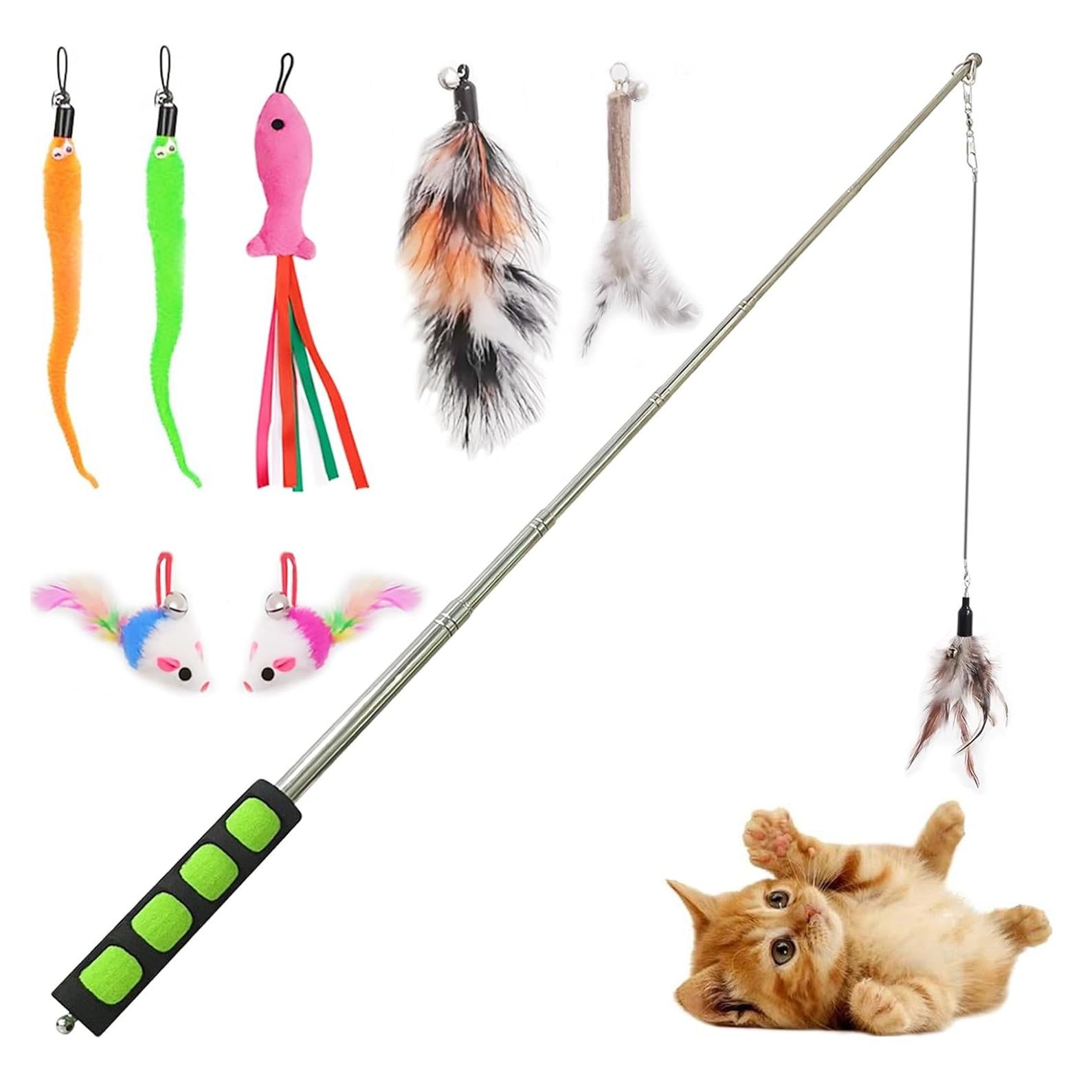 Polo de Pesca para Gatos Whefory con Pluma y Campana Verde