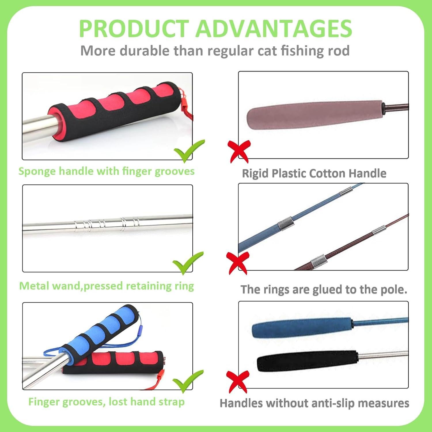 Polo de Pesca para Gatos Whefory con Pluma y Campana Verde